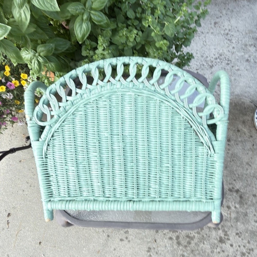 Vintage 1980s Seafoam Green Wicker Magazine Basket Boho Cottage Storage